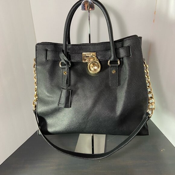 Michael Kors Hamilton Large EW Satchel Black Saffiano Leather Gold Lock - Picture 2 of 10